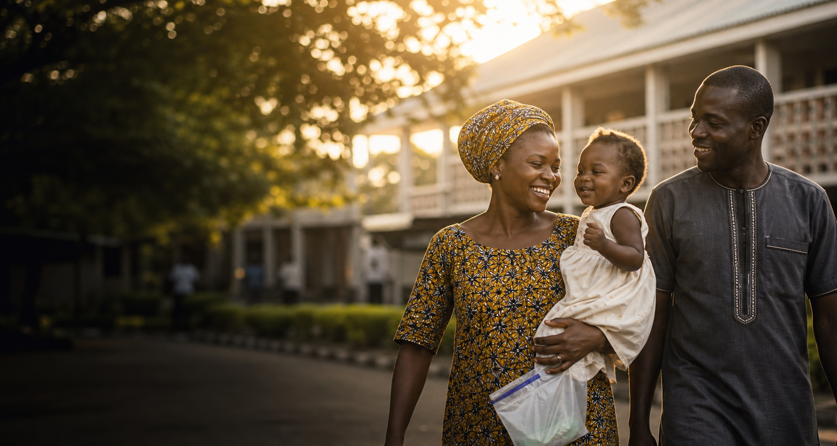 A family walks together outside in warm evening light.